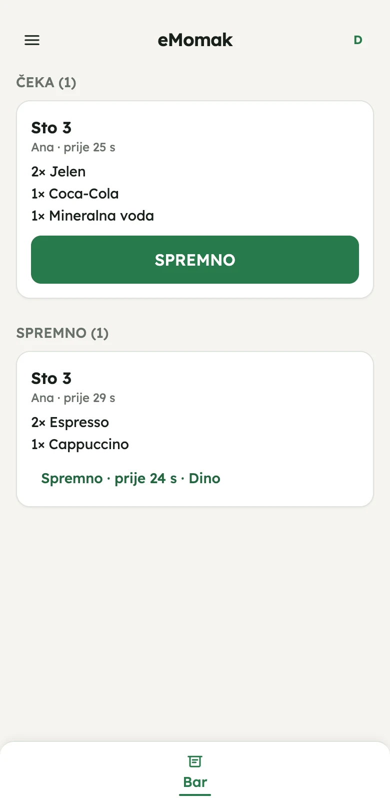 Bar red na telefonu: ČEKA — Sto 3, 2× Jelen, Coca-Cola, Mineralna voda sa dugmetom SPREMNO; SPREMNO — Sto 3, 2× Espresso i Cappuccino.