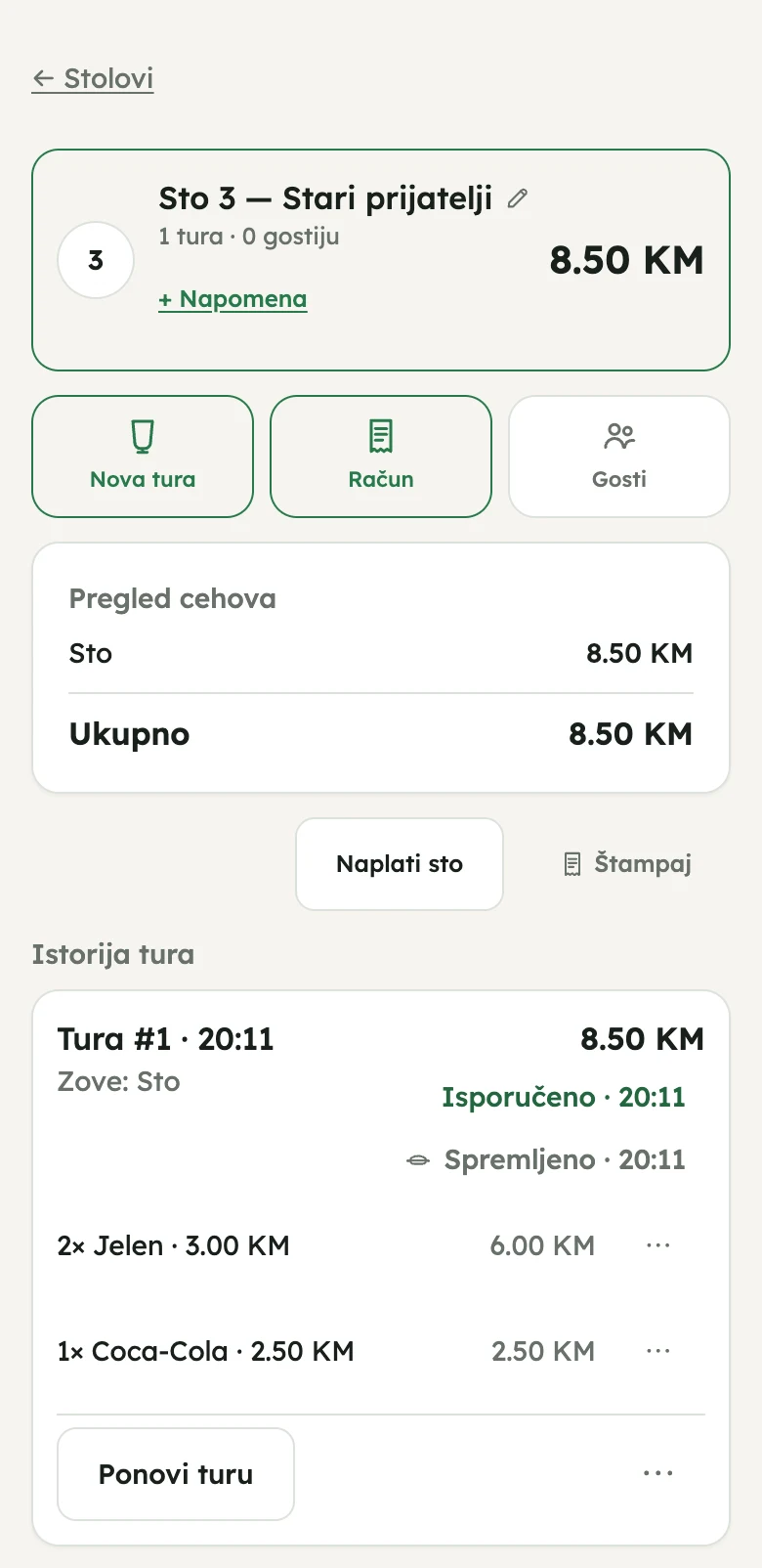 Sto 3 — Stari prijatelji: pregled cehova i istorija ture sa statusima Spremljeno i Isporučeno.