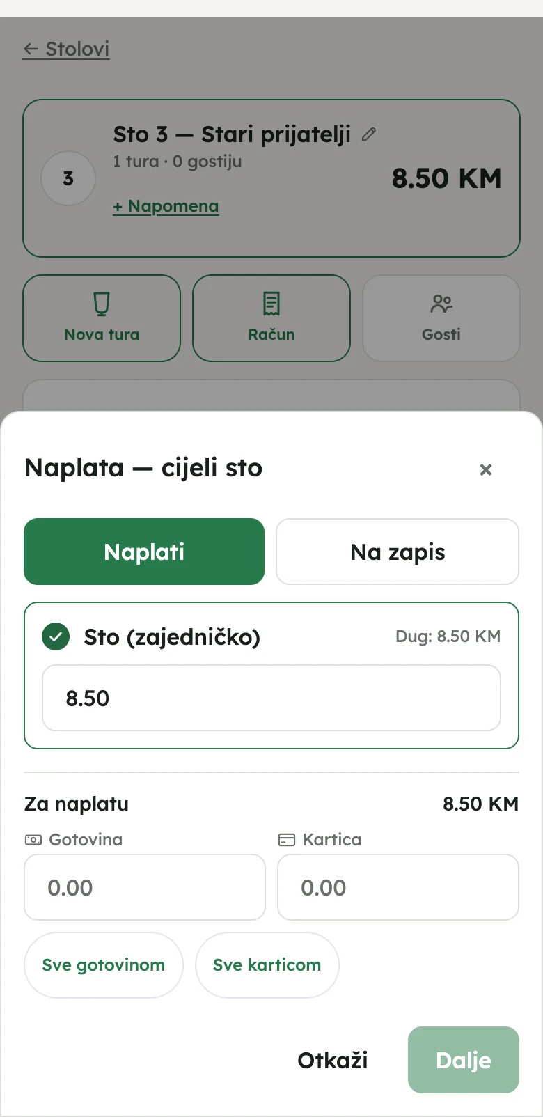 Naplata cijelog stola: izbor Naplati ili Na zapis, iznos, gotovina i kartica.